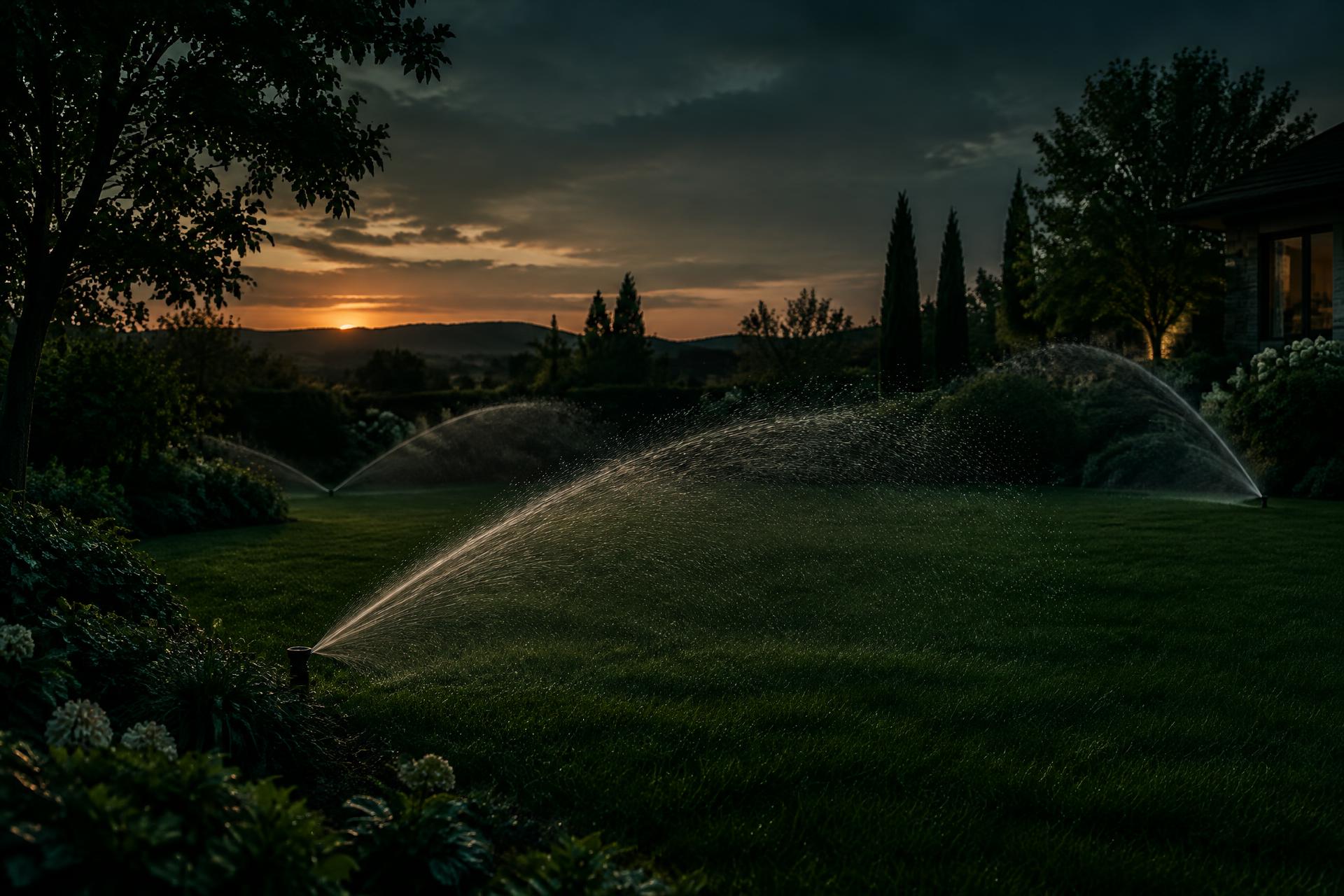 Arrosage automatique d'un jardin au crépuscule